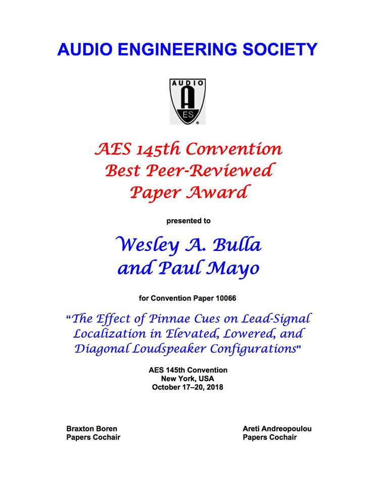 Bulla, Mayo Win Audio Engineering Convention Paper Award
